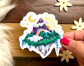 Imaginative sticker "Flying Island with Rainbow" for sticker fans in the variants glitter or iridescent