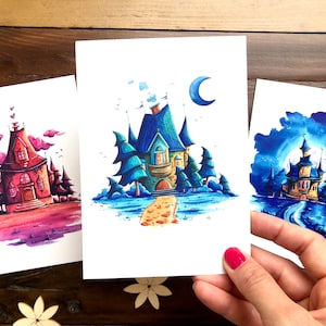 Drei Aquarell-Postkarten mit Häusern im Format Din A6 als Set für Fans von Urban Watercolor Kunst und Wasserfarben-Grußkarten