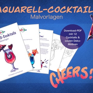 Coloriages de cocktails au format PDF à télécharger immédiatement pour les fans d'aquarelle et les amis des coloriages et des modèles pour le dessin et la peinture