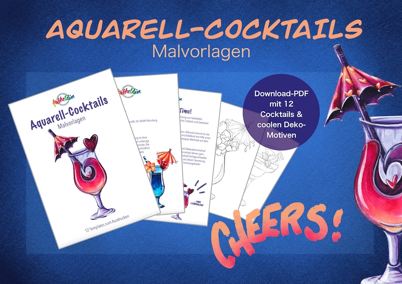 Cocktail-Malvorlagen als PDF zum Sofort-Download für Aquarell-Fans und Freunde von Ausmalbildern und Vorlagen zum Zeichnen und Malen Bild 1