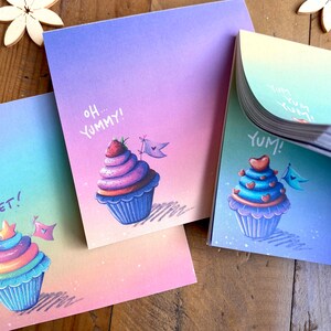 Drei viereckige Mini-Notizblöcke im Set mit jeweils 50 Blatt und süßen Aquarell-Cupcakes, perfekt als To Do Liste, Memo Pad und Schreibblock Bild 4