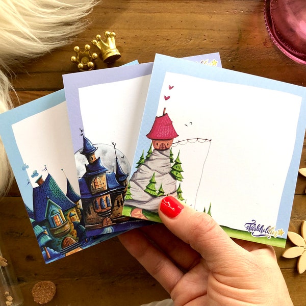 Three square mini notepads in a set of 50 sheets each and cute watercolor houses, perfect as a to-do list, memo pad and writing pad