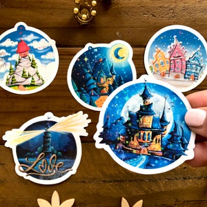 Sticker set of five round glitter stickers with fantastic houses as a small Christmas gift or as content for Advent calendars image 1