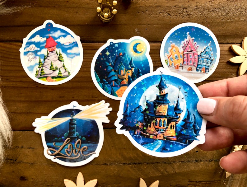 Sticker set of five round glitter stickers with fantastic houses as a small Christmas gift or as content for Advent calendars image 1