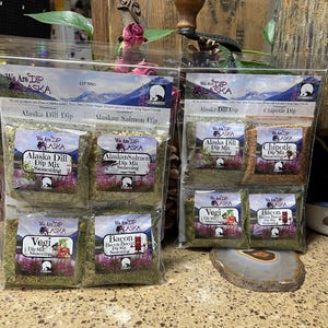 Gift Pack Sampler of 4 of our 5 Specialty Dips Alaska Dill Vegi Bacon Bacon Bacon and choose either Chipotle or Alaskan Salmon Dip