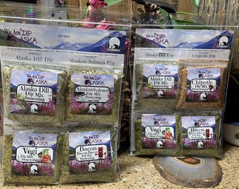 Gift Pack Sampler of 4 of our 5 Specialty Dips Alaska Dill Vegi Bacon Bacon Bacon and choose either Chipotle or Alaskan Salmon Dip