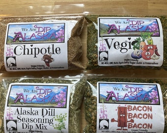 Bulk equivalent of 10 singles in each bag, Vegi, Chipotle, Alaska Dill and Bacon Bacon Bacon