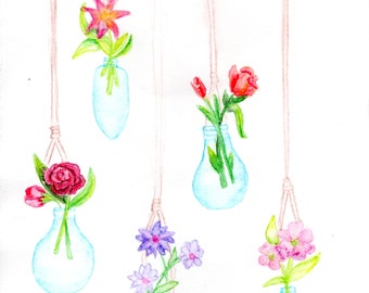 Puede incluir: Cinco bombillas de vidrio cuelgan del techo, cada una con un tipo diferente de flor. Las bombillas son transparentes y las flores son de varios tonos de rosa, rojo y morado.
