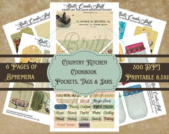 Country Kitchen Cookbook Part 1, Recipe Journal, Printable, Journal Kit, Ephemera, Canning Jars, Vintage, Cooking, BrittCreateStuff