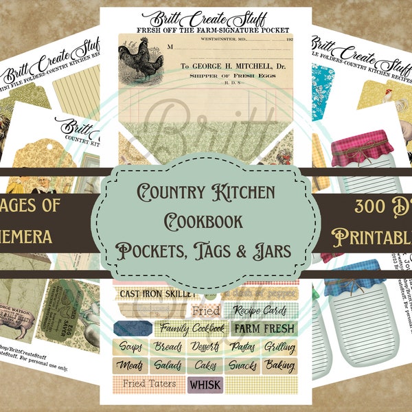 Country Kitchen Cookbook Part 1, Recipe Journal, Printable, Journal Kit, Ephemera, Canning Jars, Vintage, Cooking, BrittCreateStuff