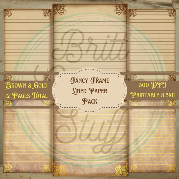 Fancy Frame, Lined Paper Pack, Digital, Junk Journal Pages, Vintage, BrittCreateStuff