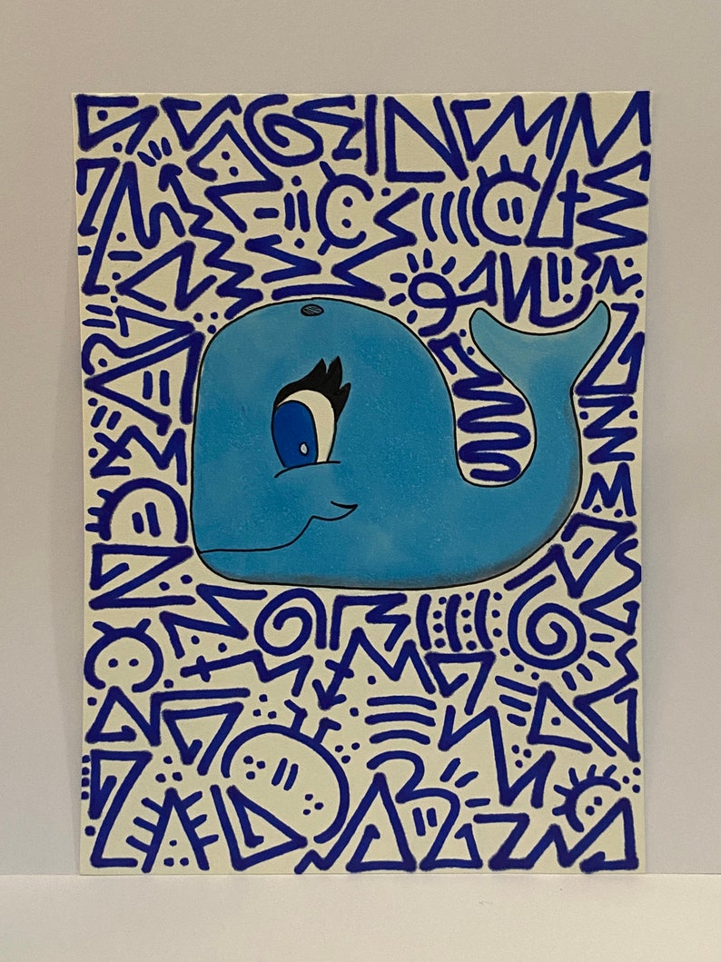 Blue Whale ArtOcean DecorCartoon WhaleCopic and Sharpie Marker Art8x6Unframed image 2