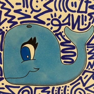 Blue Whale ArtOcean DecorCartoon WhaleCopic and Sharpie Marker Art8x6Unframed image 3