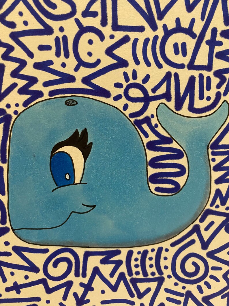 Blue Whale ArtOcean DecorCartoon WhaleCopic and Sharpie Marker Art8x6Unframed image 3