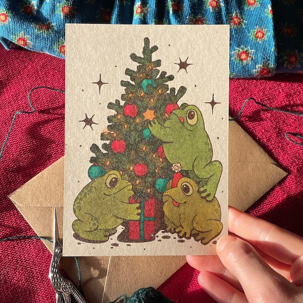 Frogmas Karte 2023 | Recyclingpapier Postkarte | Frosch thematische Weihnachtskarte