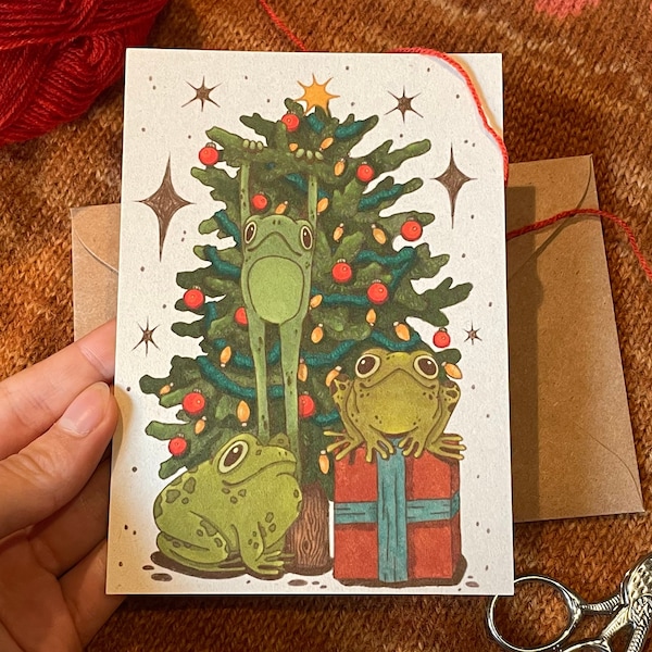 Carte Frogmas | Carte postale en papier recyclé | Carte de Noël sur le thème de la grenouille