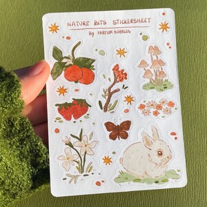May include: A sticker sheet with a nature theme. It features illustrations of strawberries, mushrooms, a butterfly, a rabbit, and flowers. The sticker sheet is titled "Nature Bits Stickersheet by Parfum Bubbles".