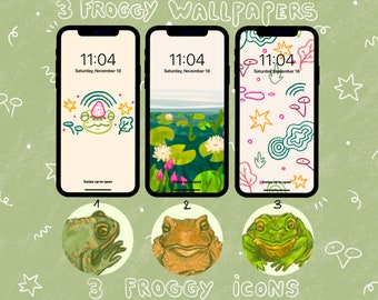 May include: Three phone wallpapers with frog illustrations. The first wallpaper has a green frog with a strawberry on its head. The second wallpaper has a green frog in a pond with lily pads. The third wallpaper has a green frog with a star and circles. Three frog icons are shown below the wallpapers. The first icon is a green frog with a brown background. The second icon is a brown frog with a green background. The third icon is a green frog with a brown background.