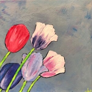 Tulip array, hand painted in acrylics on square cradled wood.