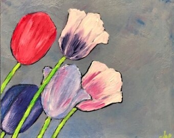 Tulip array, hand painted in acrylics on square cradled wood.