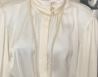 White Satin Shiny Vintage Retro Blouse Shirt 1980s does 1930s