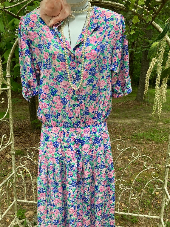 Vintage Silk Bright Floral Drop Waist Tea Dress 1… - image 1