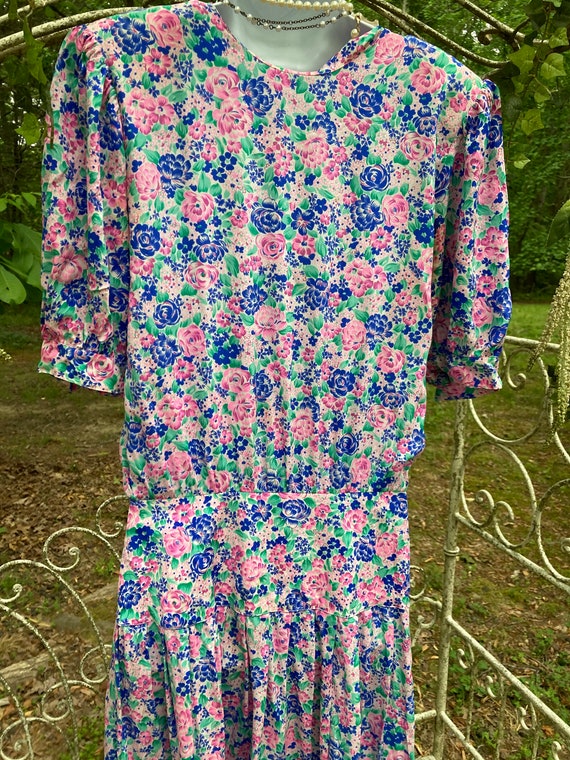 Vintage Silk Bright Floral Drop Waist Tea Dress 1… - image 3