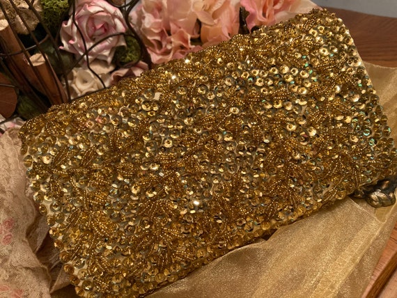 Vintage Handmade Gold Clutch Purse Beaded Sequin … - image 1