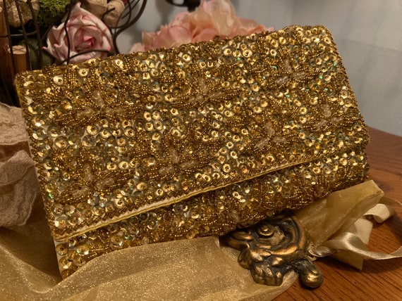 Vintage Handmade Gold Clutch Purse Beaded Sequin … - image 4
