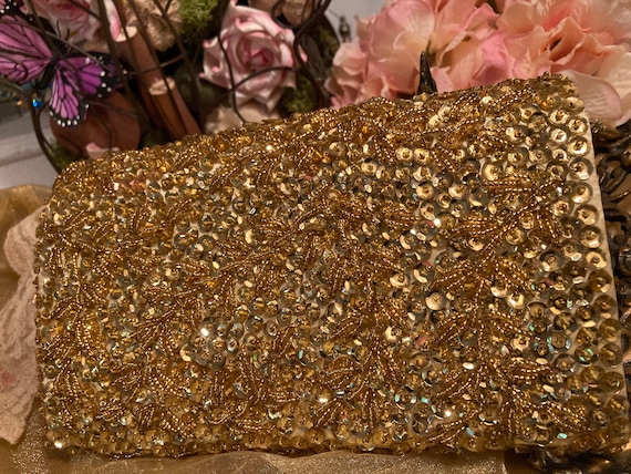 Vintage Handmade Gold Clutch Purse Beaded Sequin … - image 2