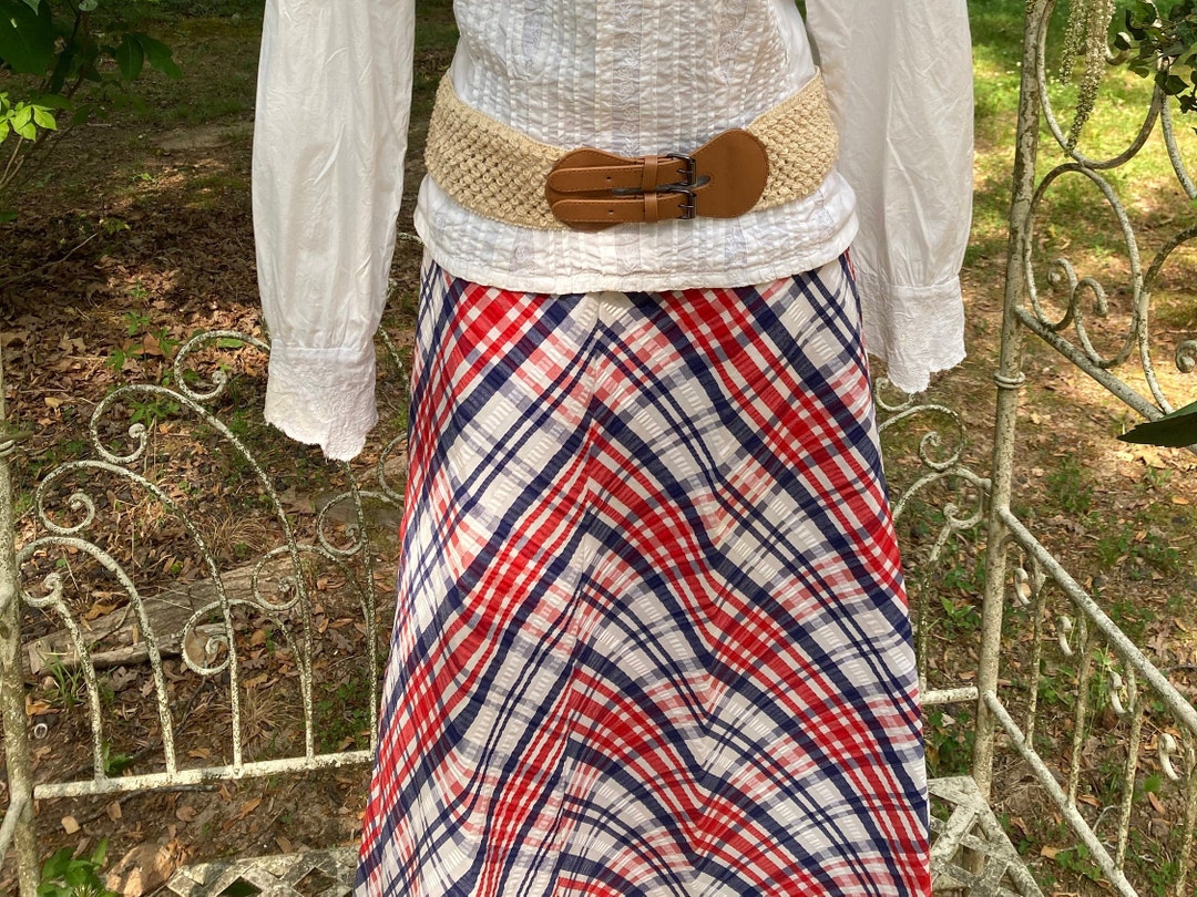 Long Vintage Plaid Homemade Cotton Red White Blue Skirt Broomstick A