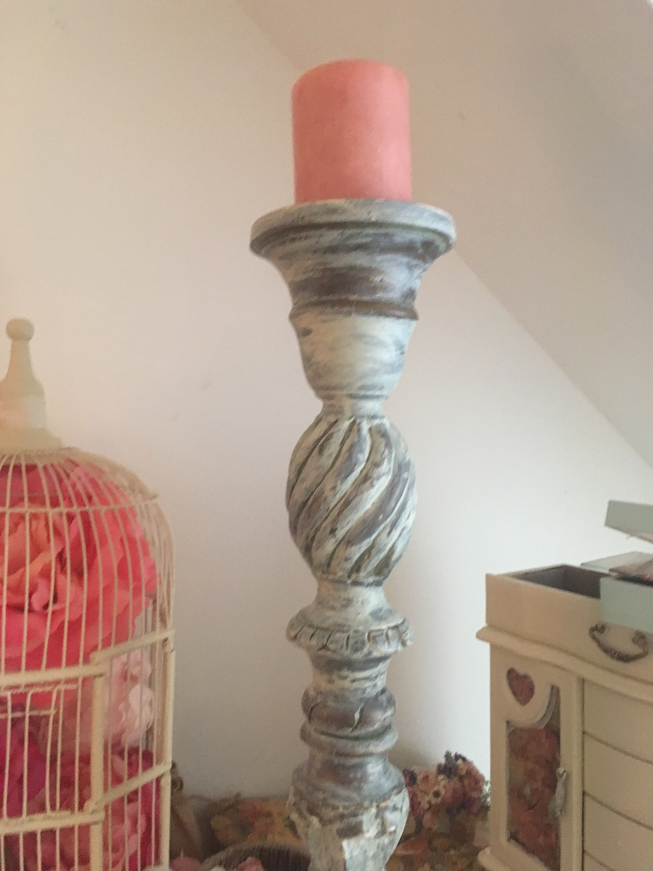 Tall Floor Standing Candle Stick Holder Shabby White Wash Grey Etsy