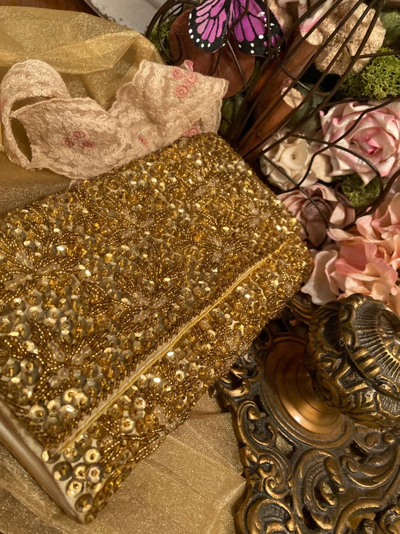 Vintage Handmade Gold Clutch Purse Beaded Sequin … - image 7