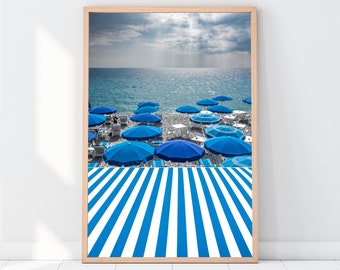 South of France Photography, Beach Print, French Riviera, Travel Photography, Home Decor, Wall Art, Nice, Blue, Stripes, Umbrellas