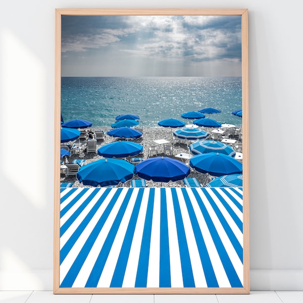 South of France Photography, Beach Print, French Riviera, Travel Photography, Home Decor, Wall Art, Nice, Blue, Stripes, Umbrellas