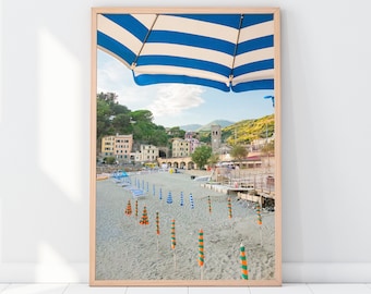 Italy Photography, Cinque Terre Print, Italy Photo, Monterosso, Travel Photography, Wall Art, Home Decor, Umbrellas, Blue, Stripes