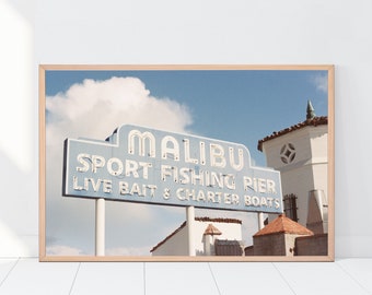 Malibu Photography, Pier Sign, Beach House Decor, Film Photography, 8 x 12, 12 x 18 Print, Framed Print, Beach Gifts, Clouds, Film