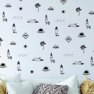 Surf Wall Decals - DIY Beach Mural - SUP, Surfboard, Palm Tree, Sun, Wave Wall Stickers - Ocean Wall Decor - Boho Decor