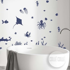 Calcomanía de pared bajo el mar - Mural marino DIY - Pegatinas de pared de animales marinos: peces, caballitos de mar, pulpos, tortugas y medusas - Tema náutico marino