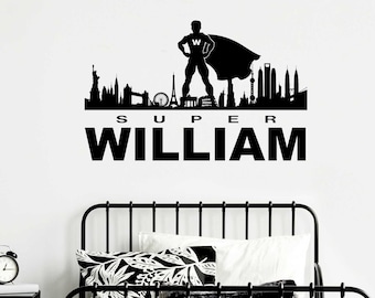 Personalized Superhero Cityscape Wall Decal - Custom Boy's Room Decor