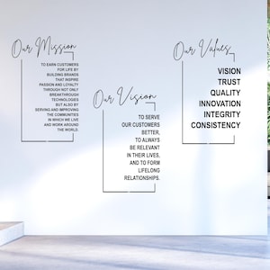 Custom Business Statement Office Wall Decals | Set of 3 ( Our Mission - Vison -  Values )  Personalized Wall Decor - Corporate Vinyl