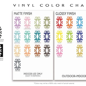Peut inclure: Nuancier de vinyle avec une vari&eacute;t&eacute; de finitions mates et brillantes. Le nuancier pr&eacute;sente 18 couleurs diff&eacute;rentes, notamment le lilas, le rose carnation, le c&eacute;ladon, l'olive, le rouge, l'orange, le bleu marine, le bleu marine brillant, la maison de plage, la menthe, le bleu turquoise, le bleu marine mat, le safran, l'abricot, le brun rouille, le brun, le magenta, l'or bross&eacute; et l'argent bross&eacute;. Le nuancier comprend &eacute;galement le texte "Finition mate", "Finition brillante", "Noir mat int&eacute;rieur-ext&eacute;rieur", "Blanc mat int&eacute;rieur-ext&eacute;rieur", "Utilisation int&eacute;rieure uniquement (facile &agrave; enlever)" et "Ext&eacute;rieur-int&eacute;rieur".
