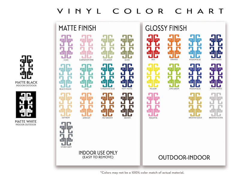 Peut inclure: Nuancier de vinyle avec une vari&eacute;t&eacute; de finitions mates et brillantes. Le nuancier pr&eacute;sente 18 couleurs diff&eacute;rentes, notamment le lilas, le rose carnation, le c&eacute;ladon, l'olive, le rouge, l'orange, le bleu marine, le bleu marine brillant, la maison de plage, la menthe, le bleu turquoise, le bleu marine mat, le safran, l'abricot, le brun rouille, le brun, le magenta, l'or bross&eacute; et l'argent bross&eacute;. Le nuancier comprend &eacute;galement le texte "Finition mate", "Finition brillante", "Noir mat int&eacute;rieur-ext&eacute;rieur", "Blanc mat int&eacute;rieur-ext&eacute;rieur", "Utilisation int&eacute;rieure uniquement (facile &agrave; enlever)" et "Ext&eacute;rieur-int&eacute;rieur".