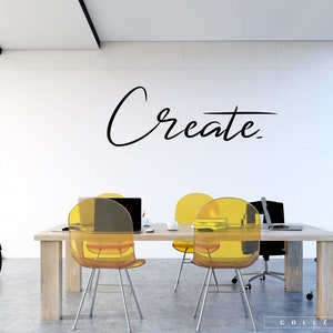 May include: A modern office space with a wooden table and yellow chairs. The wall has the word "Create" written on it in black script.