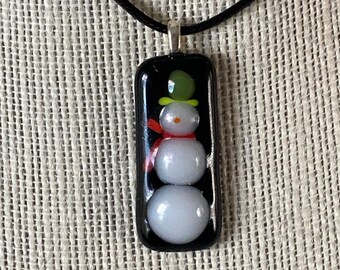 Glass snowman pendant | black & iridescent white fused glass
