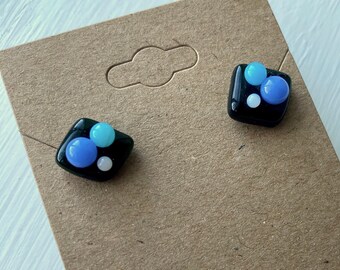 Raised dot fused glass earrings | black periwinkle aqua blue