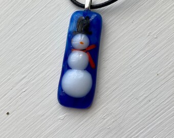 Glass snowman pendant | cobalt blue & iridescent white fused glass