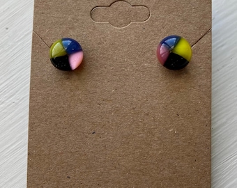 Glass harlequin earrings | blue, black, pink, yellow