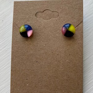 Glass harlequin earrings | blue, black, pink, yellow