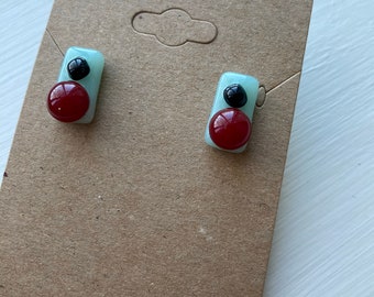 Raised dot fused glass earrings | aqua blue - red - black